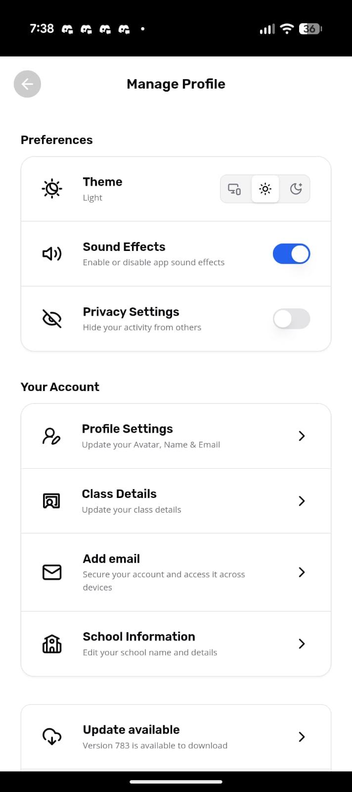 Manage Profile settings access inside the Edzy app