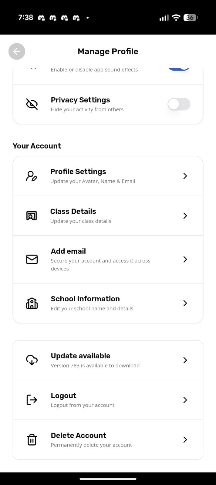 Delete Account option visible in the Manage Profile screen