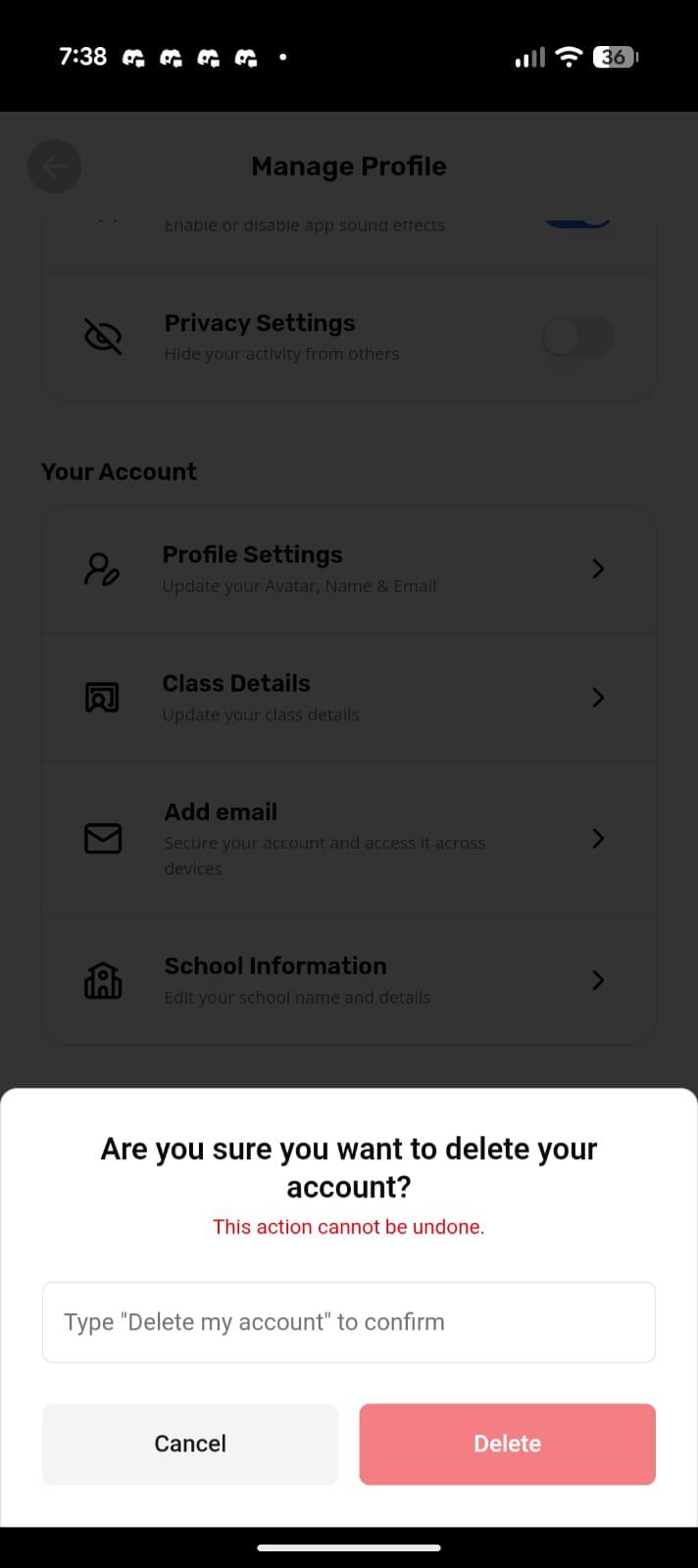 Delete Account row selected inside the Edzy app