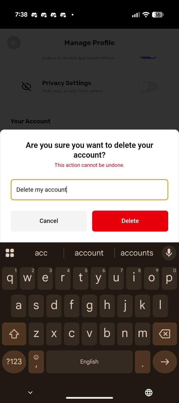 Delete confirmation field inside the Edzy app