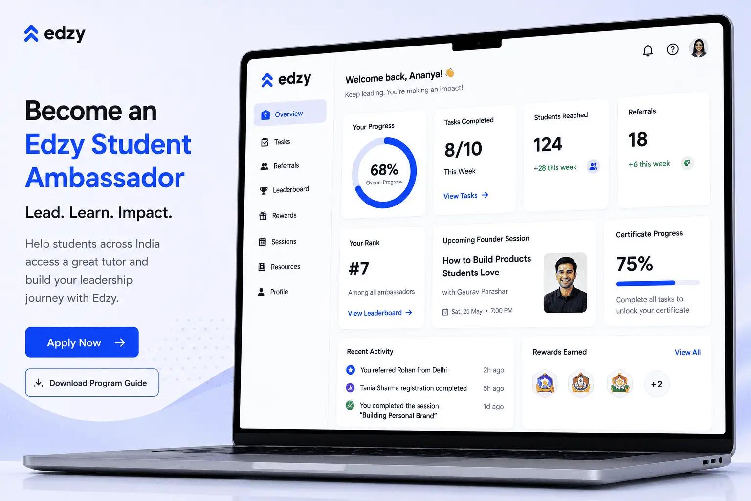 Mockup of the Edzy Student Ambassador dashboard showing progress, tasks, referrals, rewards, and certificate progress.