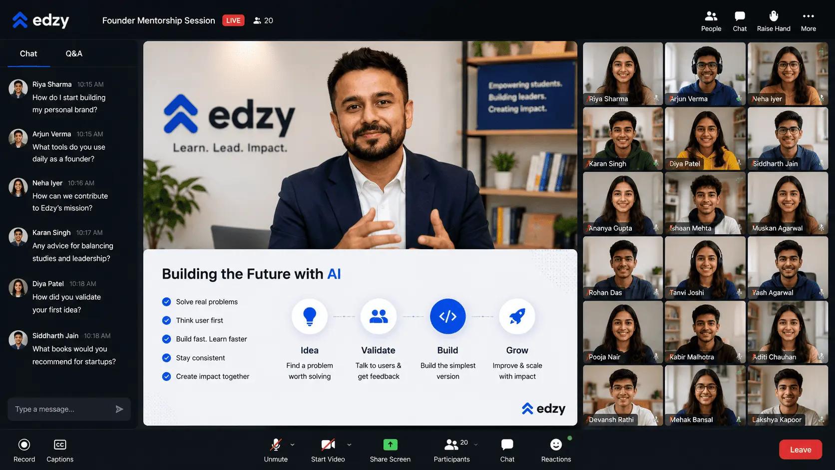 Mockup of an Edzy founder mentorship video session with student ambassadors asking questions.