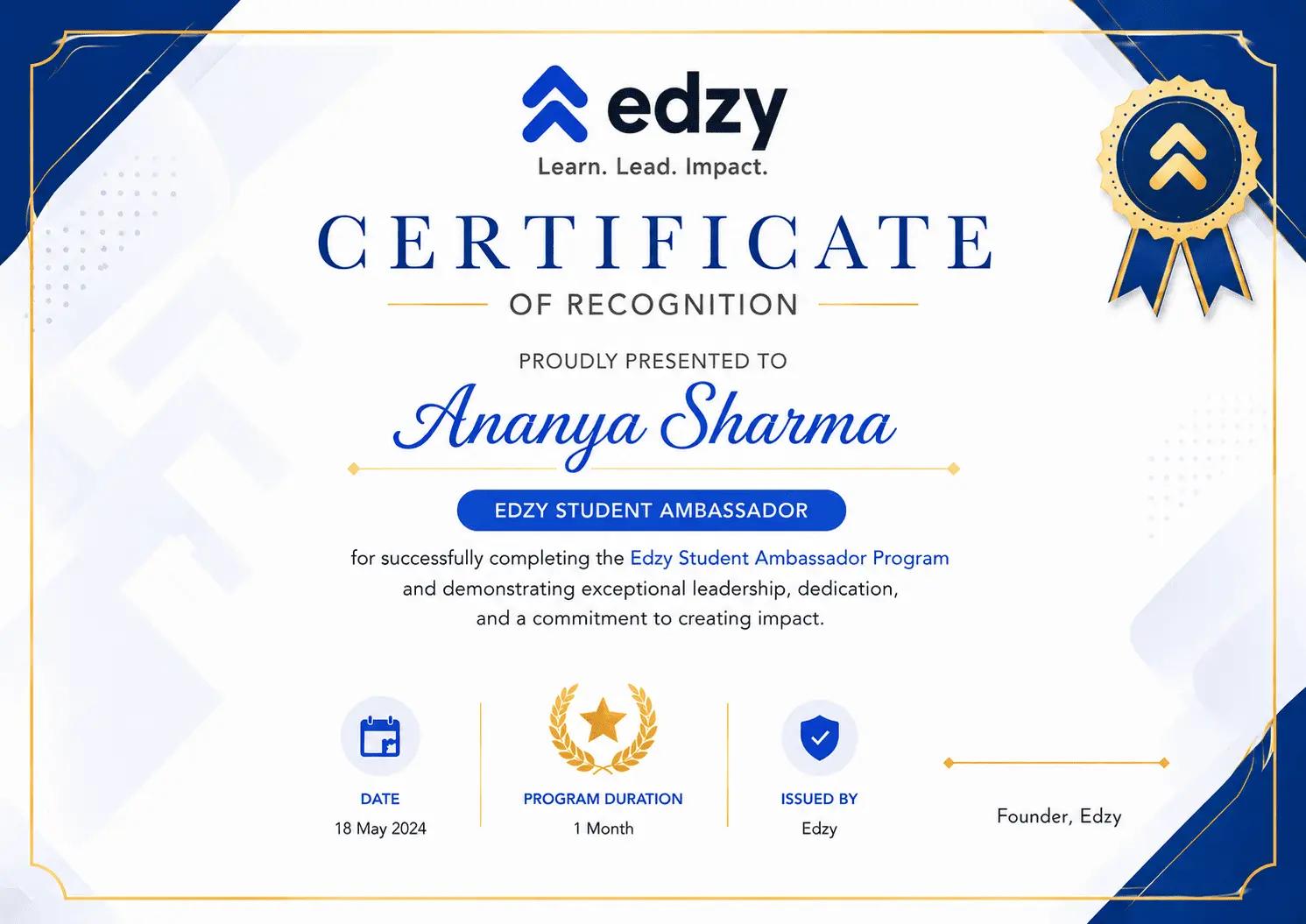 Sample Edzy Student Ambassador certificate of recognition.